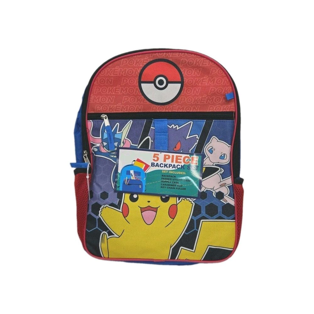 Bioworld Pokémon Backpack Bag 5-Piece Pikachu Graphic Print Zip 16" Tote NEW